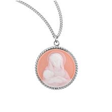 MADONNA AND CHILD ROSE CAMEO IN SOLID STERLING SILVER FRAME ON 20" CHAIN