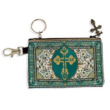 TEAL AND GOLD TAPESTRY ROSARY POUCH AND KEY CHAIN