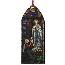 OUR LADY OF LOURDES AND SAINT BERNADETTE STAINED GLASS WOOD ORNAMENT