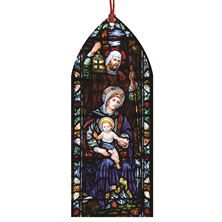 ST JOSEPH GUIDING JESUS AND MARY STAINED GLASS WOOD ORNAMENT