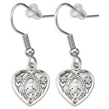 STERLING SILVER HEART SHAPE MIRACULOUS MEDAL EARRINGS