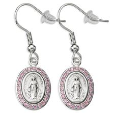 STERLING SILVER MIRACULOUS MEDAL EARRINGS - PINK ACCENTS