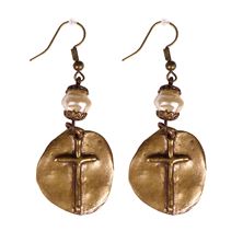 BRONZE CROSS IN CIRCLE WITH PEARL EARRINGS