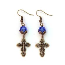 BRONZE FILIGREE CROSS WITH BLUE CRYSTALS EARRINGS