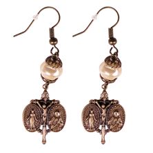 BRONZE CRUCIFIX, MIRACULOUS MEDAL AND SCAPULAR MEDAL EARRINGS