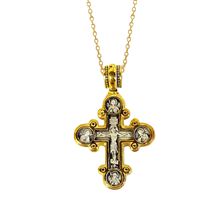 STERLING SILVER TRADITIONAL BYZANTINE STYLE LOBED CROSS WITH 22KT GOLD ACCENTS AND AN 18" GOLD PLATED CHAIN