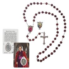 BLESSED ARCHBISHOP FULTON J. SHEEN GLASS BEAD ROSARY and HOLY CARD SET