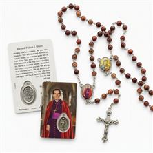 BLESSED ARCHBISHOP FULTON J. SHEEN GLASS BEAD ROSARY and HOLY CARD SET
