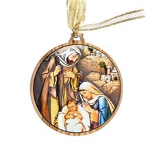 HOLY FAMILY LASER SCULPED AND PAINTED OLIVE WOOD ORNAMENT