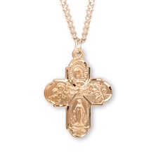 1.1&quot; Gold over Sterling Four Way Cross Medal with 24&quot; Chain