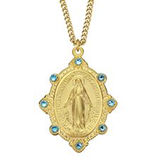 Gold over Sterling Oval Miraculous Medal with Light Sapphire Crystals