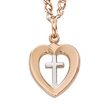 ROSE GOLD TWO-TONE CROSS IN HEART MEDAL