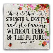 PROVERBS 31:25 - CLOTHED WITH STRENGTH (LADYBUG) - COASTER