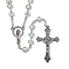 GLASS BEAD GLOW-IN-THE-DARK ROSARY WITH HOLY CARD FEATURING OUR LADY OF FATIMA
