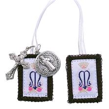 GIRL'S BROWN WOOL SCAPULAR WITH CRUCIFIX AND ST. BENEDICT MEDAL - WHITE CORD