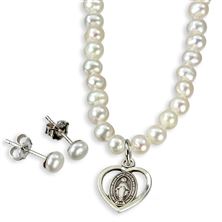 FRESHWATER PEARL NECKLACE WITH MIRACULOUS MEDAL and PEARL EARRINGS