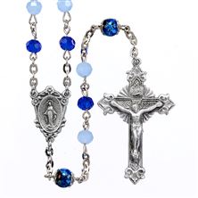 BLUE GLASS BEAD ROSARY WITH MIRACULOUS MEDAL CENTER