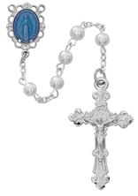 PEARL ROSARY WITH BLUE  MIRACULOUS MEDAL CENTER