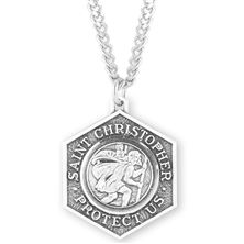 Hexagon St. Christopher &quot;Protect Us&quot; Sterling Medal with 24&quot; Chain