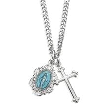 STERLING SILVER BLUE ENAMELED MIRACULOUS MEDAL AND CROSS - DUAL NECKLACE