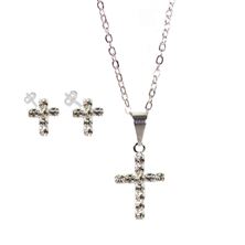 CROSS NECKLACE (20") AND EARRING SET - SILVER
