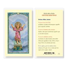 POSTAL RELIGIOSA LAMINADA DEL DIVINO NIÑO CON PLEGARIA PARA OBTENER SERENIDAD