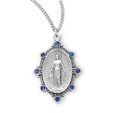 Sterling Silver Oval Miraculous Medal Set with Light Sapphire Crystals
