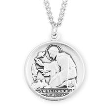 Round St. Francis Sterling Kneel with Birds Medal with 24&quot; Chain