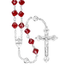 STERLING SILVER SACRED HEART ROSARY WITH RED CORAL CRYSTAL BEADS