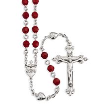STERLING SILVER SACRED HEART ROSARY WITH RED CORAL CRYSTAL BEADS