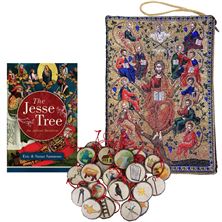 JESSE TREE ORNAMENTS, BOOK and TREE OF LIFE TAPESTRY STORAGE POUCH