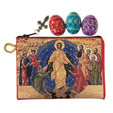 RESURRECTION TAPESTRY ROSARY POUCH WITH 3 MINI PYSANKY EGGS