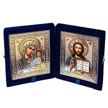 VIRGIN OF KAZAN AND CHRIST THE TEACHER ICONS - BLUE VELVET TRAVEL DIPTYCH - 8"