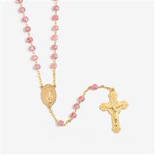 PINK ROSE LAMP BEAD GOLD-PLATED PEWTER ROSARY