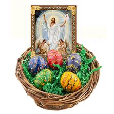 MINIATURE UKRAINIAN PYSANKY EGGS AND RESURRECTION ICON IN BASKET