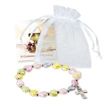 MULTICOLORED PEARL HEART BEADED STRETCH BRACELET WITH COMMUNION CROSS