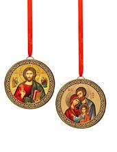 ROUND DOUBLE ICON ORNAMENT - HOLY FAMILY and CHRIST PANTOCRATOR