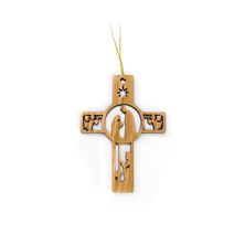 OLIVE WOOD NATIVITY ORNAMENT - CROSS WITH SHEPHERD AND ANGELS