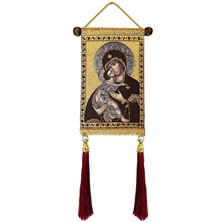 VIRGIN OF VLADIMIR TAPESTRY ICON WITH TASSELS AND PEARLS