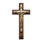 WALNUT WEDDING CRUCIFIX WITH ANTIQUED GOLD AND ENAMEL