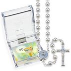 ICE BLUE GLASS BEAD EUCHARISTIC ROSARY WITH BLUE ENAMEL CHALICE CENTERPIECE