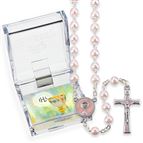 PINK GLASS BEAD EUCHARISTIC ROSARY WITH PINK ENAMEL CHALICE CENTERPIECE