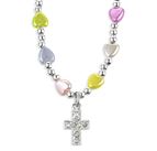 MULTI-COLOR HEART BEAD NECKLACE WITH CRYSTAL JEWELED CROSS