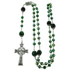 GREEN GLASS BEAD ROSARY WITH OUR LADY OF LOURDES CENTERPIECE AND CELTIC CRUCIFIX