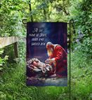 KNEELING SANTA AT THE MANGER  GARDEN FLAG