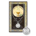 FIRST COMMUNION HAND ENGRAVED PEWTER MEDAL ON 18” CHAIN – WITH PAMPHLET