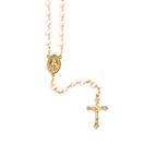 TRANSLUCENT PINK ROSARY WITH GOLD CRUCIFIX AND MIRACULOUS MEDAL CENTER