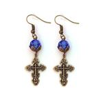 BRONZE FILIGREE CROSS WITH BLUE CRYSTALS EARRINGS