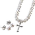 SILVER CROSS PEARL NECKLACE AND EARRINGS SET