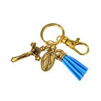 ST. BENEDICT CROSS AND MIRACULOUS MEDAL KEY CHAIN - BLUE TASSEL